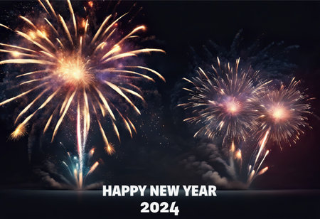 Happy New Year 2024 Greetings With Fireworks Explosion in the Skyの素材