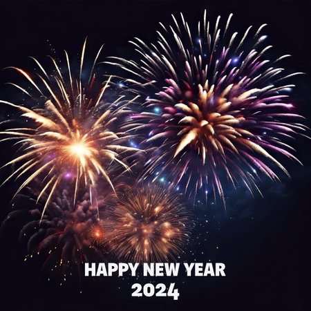 Happy New Year 2024 Greetings With Fireworks Explosion in the Skyの素材
