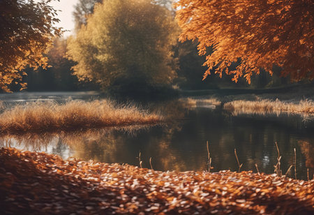Peaceful Landscapes of a Calm Lake Lit by Sunlight in Autumnの素材