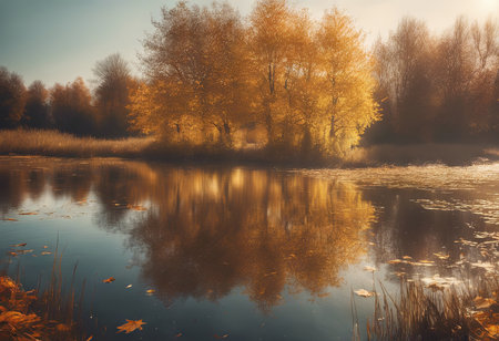 Peaceful Landscapes of a Calm Lake Lit by Sunlight in Autumnの素材
