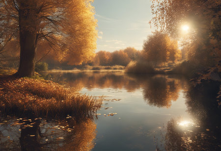 Peaceful Landscapes of a Calm Lake Lit by Sunlight in Autumnの素材