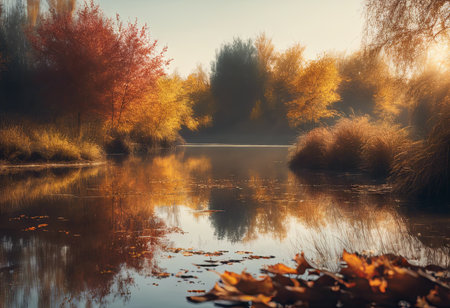 Peaceful Landscapes of a Calm Lake Lit by Sunlight in Autumnの素材
