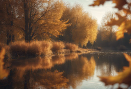 Peaceful Landscapes of a Calm Lake Lit by Sunlight in Autumnの素材