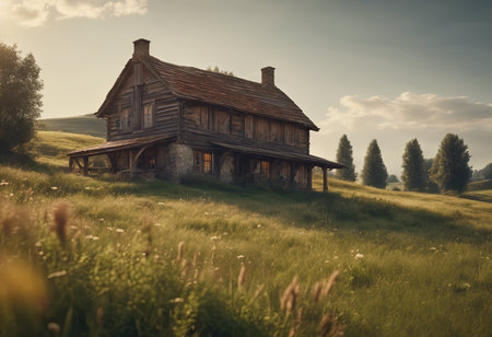 Peaceful Landscapes of a Farmhouse in the Middle of a Fieldsの素材
