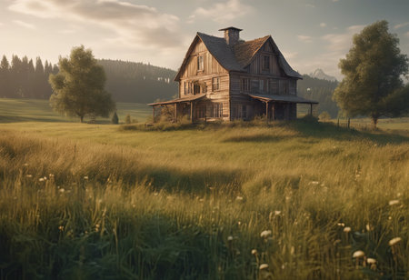 Peaceful Landscapes of a Farmhouse in the Middle of a Fieldsの素材