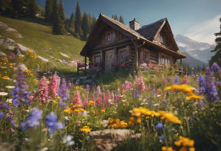 Peaceful Landscapes of a Cottage in a Field of Flowers With Mountains in the Backgroundの素材