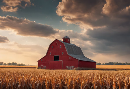 Peaceful Landscapes of a Red Barn in the Middle of a Beautiful Cornfieldの素材