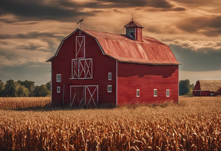 Peaceful Landscapes of a Red Barn in the Middle of a Beautiful Cornfieldの素材