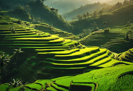 Peaceful Landscapes of a Lush Terraced Rice Fields in a Beautiful Hilly Areaの素材
