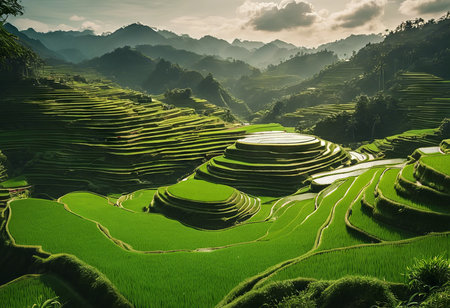 Peaceful Landscapes of a Lush Terraced Rice Fields in a Beautiful Hilly Areaの素材