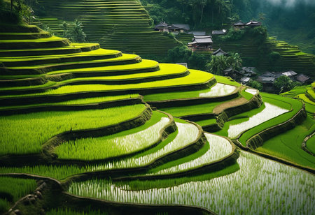 Peaceful Landscapes of a Lush Terraced Rice Fields in a Beautiful Hilly Areaの素材