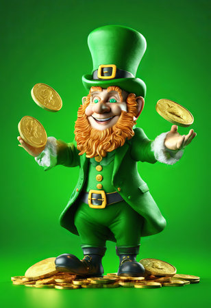 Illustration of Leprechaun With Gold Coins on a Green Background for St. Patrick's Day Backgroundの素材