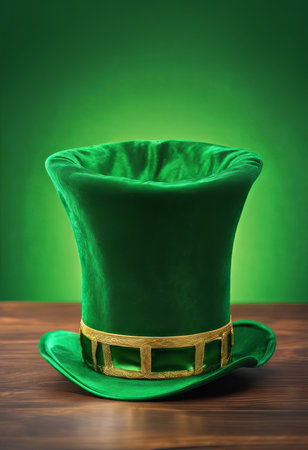 Leprechaun's Green Hat on a Table on a Green Background for St. Patrick's Day Backgroundの素材