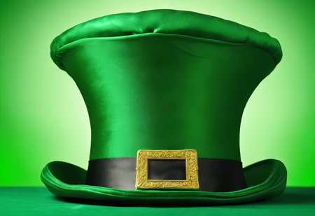 Leprechaun's Green Hat on a Table on a Green Background for St. Patrick's Day Backgroundの素材