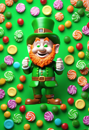 Leprechaun and Colorful Candies on Green Background for St. Patrick's Day Backgroundの素材