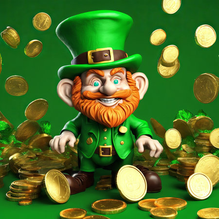 Illustration of Leprechaun With Gold Coins on a Green Background for St. Patrick's Day Backgroundの素材