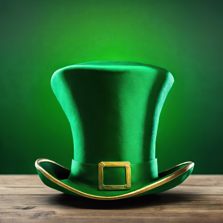 Leprechaun's Green Hat on a Table on a Green Background for St. Patrick's Day Backgroundの素材