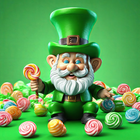 Leprechaun and Colorful Candies on Green Background for St. Patrick's Day Backgroundの素材