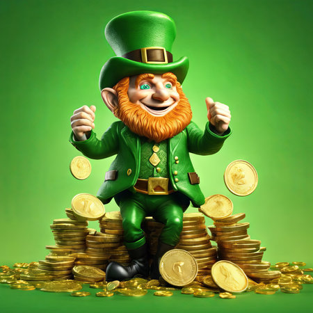 Illustration of Leprechaun With Gold Coins on a Green Background for St. Patrick's Day Backgroundの素材