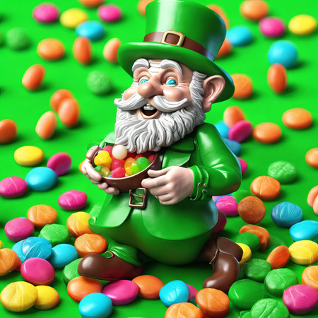 Leprechaun and Colorful Candies on Green Background for St. Patrick's Day Backgroundの素材