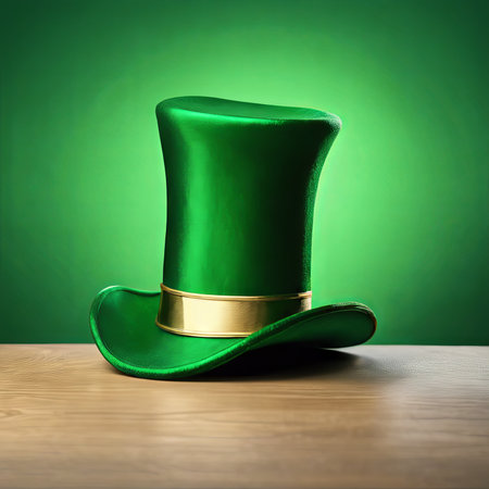 Leprechaun's Green Hat on a Table on a Green Background for St. Patrick's Day Backgroundの素材