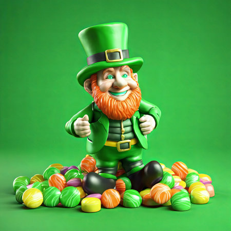 Leprechaun and Colorful Candies on Green Background for St. Patrick's Day Backgroundの素材
