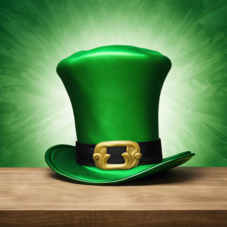 Leprechaun's Green Hat on a Table on a Green Background for St. Patrick's Day Backgroundの素材