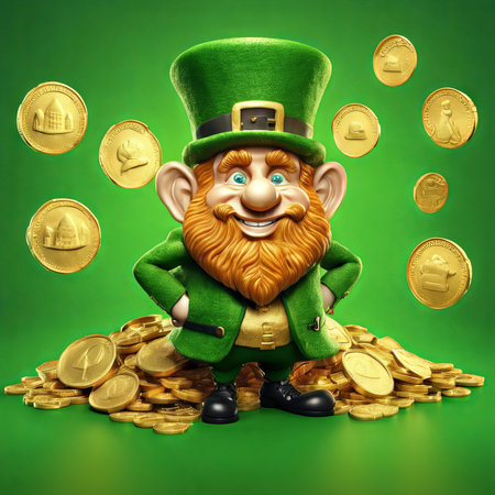 Illustration of Leprechaun With Gold Coins on a Green Background for St. Patrick's Day Backgroundの素材