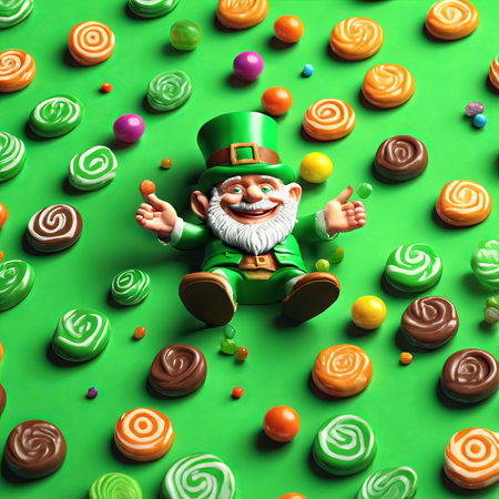 Leprechaun and Colorful Candies on Green Background for St. Patrick's Day Backgroundの素材