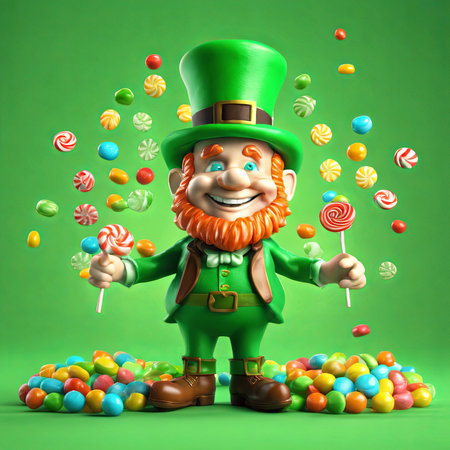 Leprechaun and Colorful Candies on Green Background for St. Patrick's Day Backgroundの素材