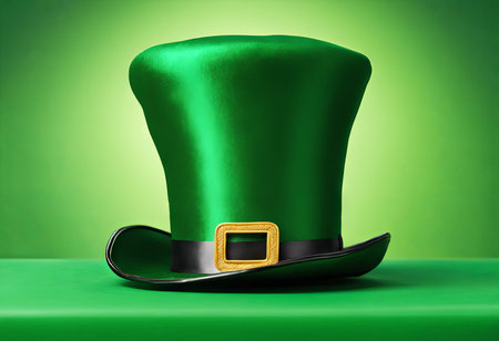 Leprechaun's Green Hat on a Table on a Green Background for St. Patrick's Day Backgroundの素材