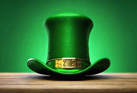 Leprechaun's Green Hat on a Table on a Green Background for St. Patrick's Day Backgroundの素材