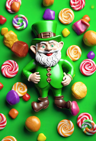 Leprechaun and Colorful Candies on Green Background for St. Patrick's Day Backgroundの素材