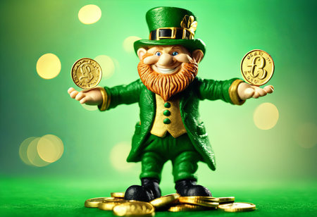 Illustration of Leprechaun With Gold Coins on a Green Background for St. Patrick's Day Backgroundの素材