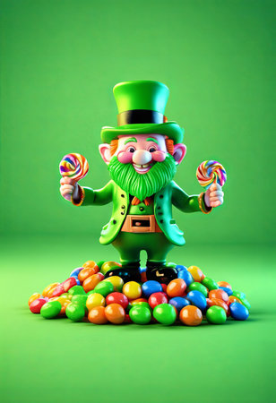 Leprechaun and Colorful Candies on Green Background for St. Patrick's Day Backgroundの素材
