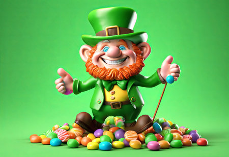 Leprechaun and Colorful Candies on Green Background for St. Patrick's Day Backgroundの素材