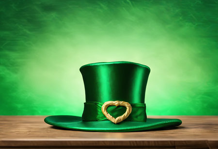 Leprechaun's Green Hat on a Table on a Green Background for St. Patrick's Day Backgroundの素材