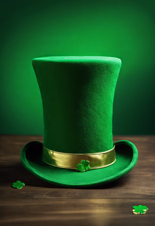 Leprechaun's Green Hat on a Table on a Green Background for St. Patrick's Day Backgroundの素材