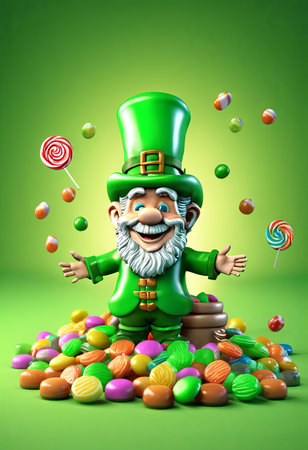 Leprechaun and Colorful Candies on Green Background for St. Patrick's Day Backgroundの素材