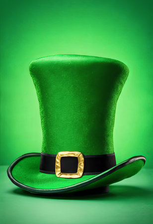 Leprechaun's Green Hat on a Table on a Green Background for St. Patrick's Day Backgroundの素材
