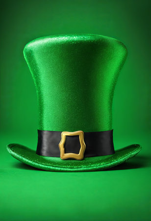 Leprechaun's Green Hat on a Table on a Green Background for St. Patrick's Day Backgroundの素材