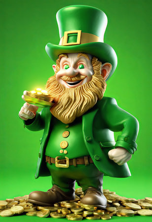 Illustration of Leprechaun With Gold Coins on a Green Background for St. Patrick's Day Backgroundの素材