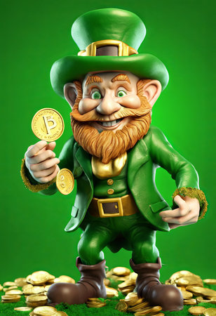 Illustration of Leprechaun With Gold Coins on a Green Background for St. Patrick's Day Backgroundの素材