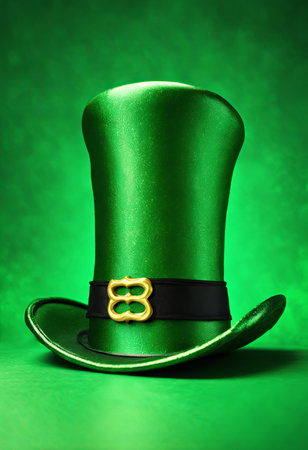 Leprechaun's Green Hat on a Table on a Green Background for St. Patrick's Day Backgroundの素材