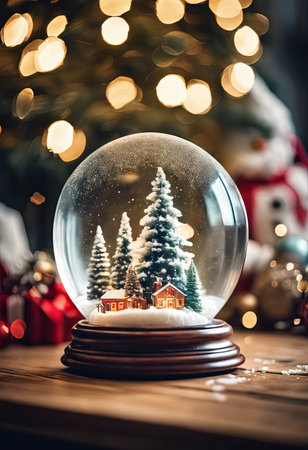 Christmas Snow Globe on a Table With Blurred of Christmas Tree for Christmas Backgroundの素材
