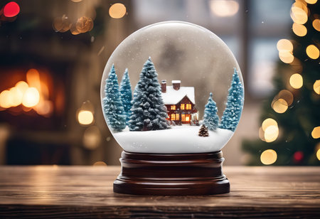 Christmas Snow Globe on a Table With Blurred of Christmas Tree for Christmas Backgroundの素材