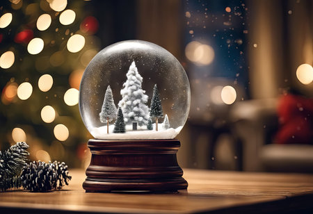 Christmas Snow Globe on a Table With Blurred of Christmas Tree for Christmas Backgroundの素材