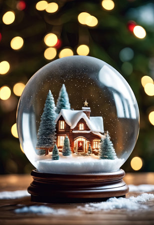 Christmas Snow Globe on a Table With Blurred of Christmas Tree for Christmas Backgroundの素材