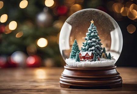 Christmas Snow Globe on a Table With Blurred of Christmas Tree for Christmas Backgroundの素材