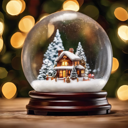 Christmas Snow Globe on a Table With Blurred of Christmas Tree for Christmas Backgroundの素材